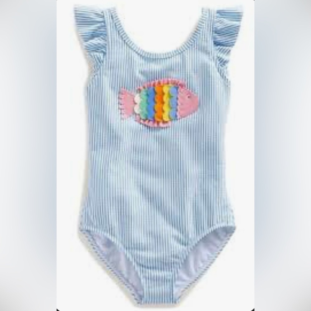 Mini Boden Blue and Pink Striped One-Piece Swimsuit with Rainbow Fish